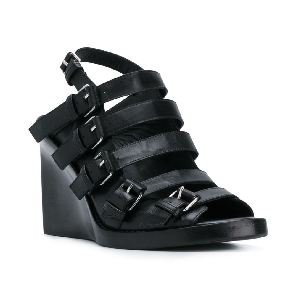 ANN DEMEULEMEESTER Black leather buckled wedge sandals Size 36.5 (7.5 US)